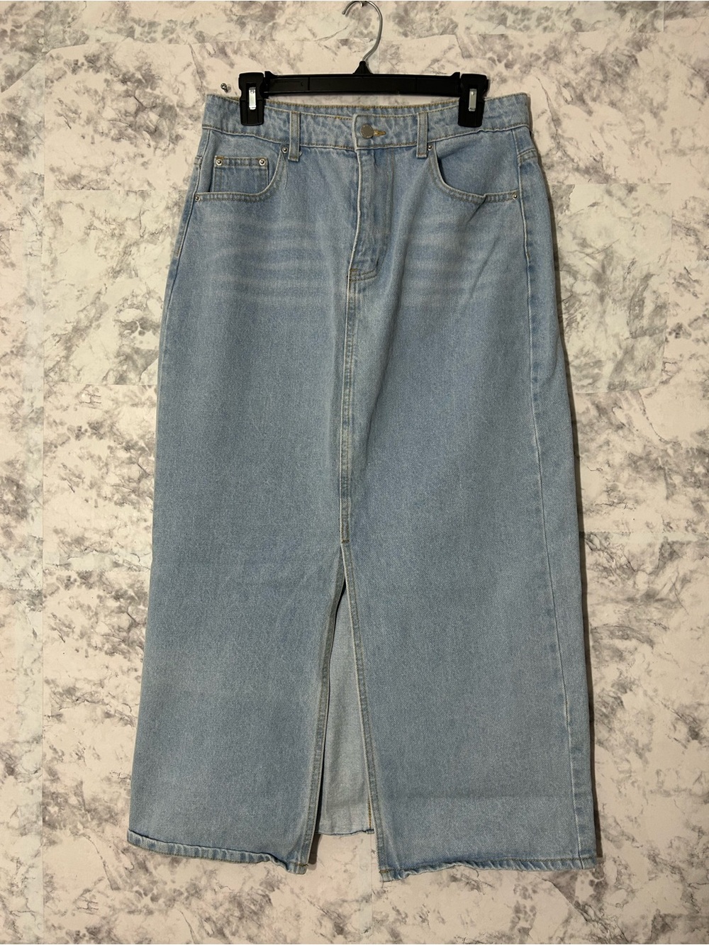 SHEIN Light Blue Denim Midi Skirt with Front Slit